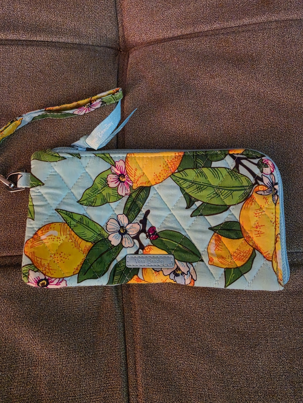 Vera Bradley Lemon Print Quilted Wristlet - Light Blue, Yellow, Green